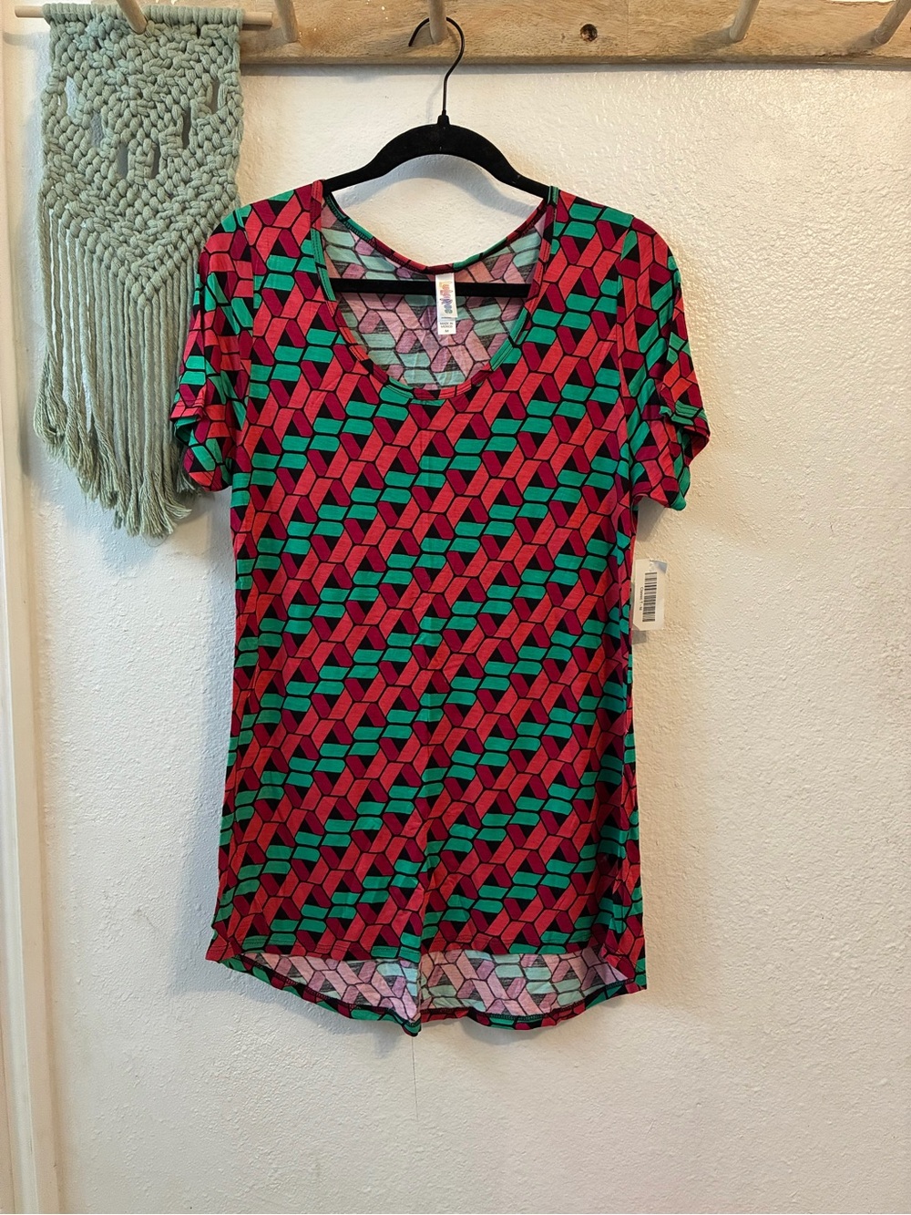 LuLaRoe Red and Green Geometric V-Neck Short Sleeve Tee